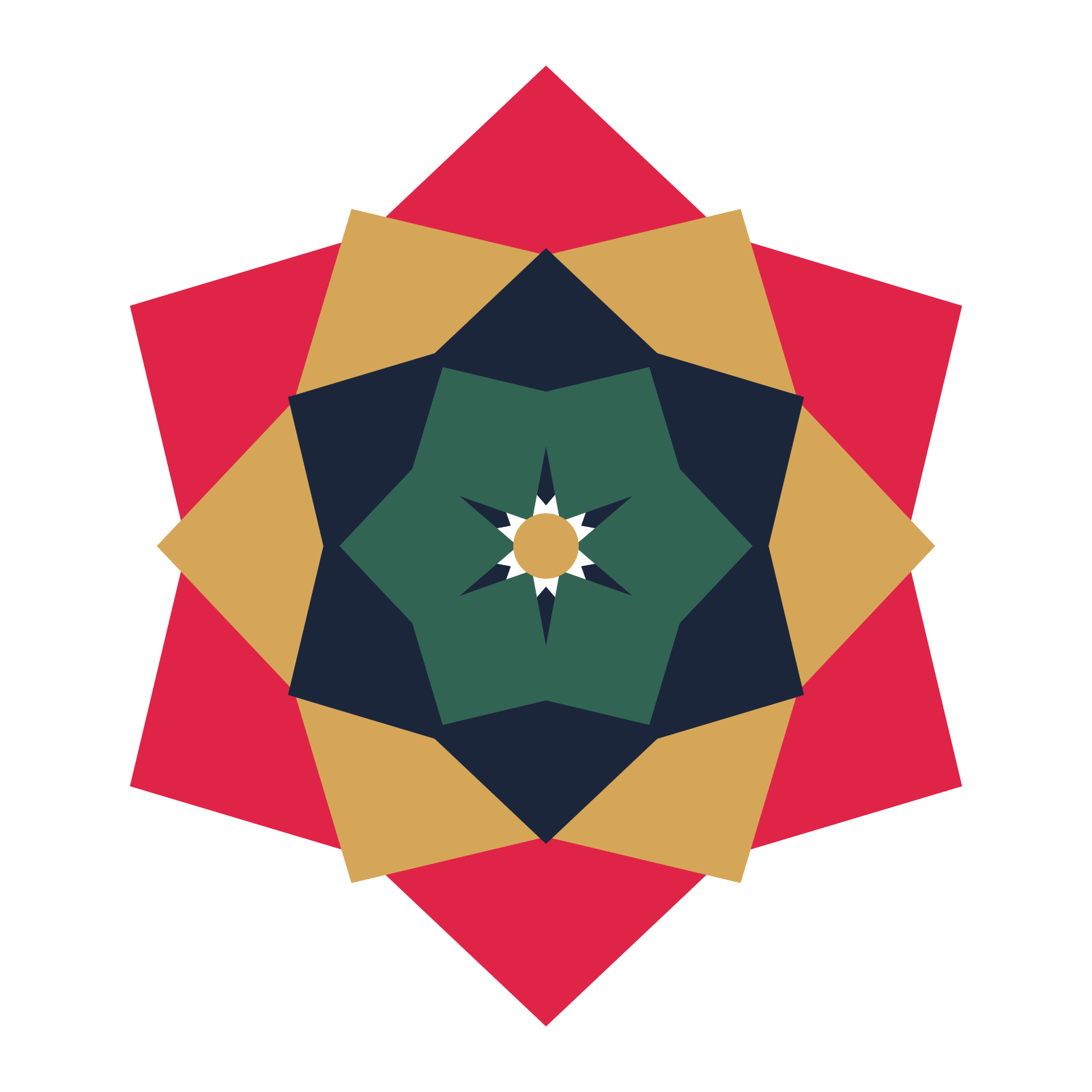 A layered pointed rosette with 6-fold radial symmetry and 4 alternating rings of petals.