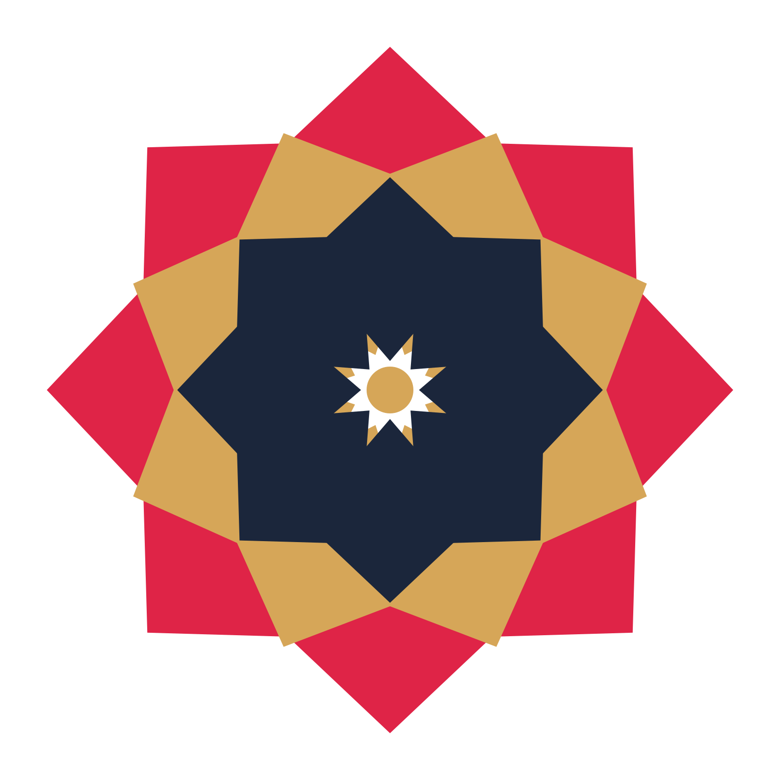 A layered pointed rosette with 8-fold radial symmetry and 3 alternating rings of petals.