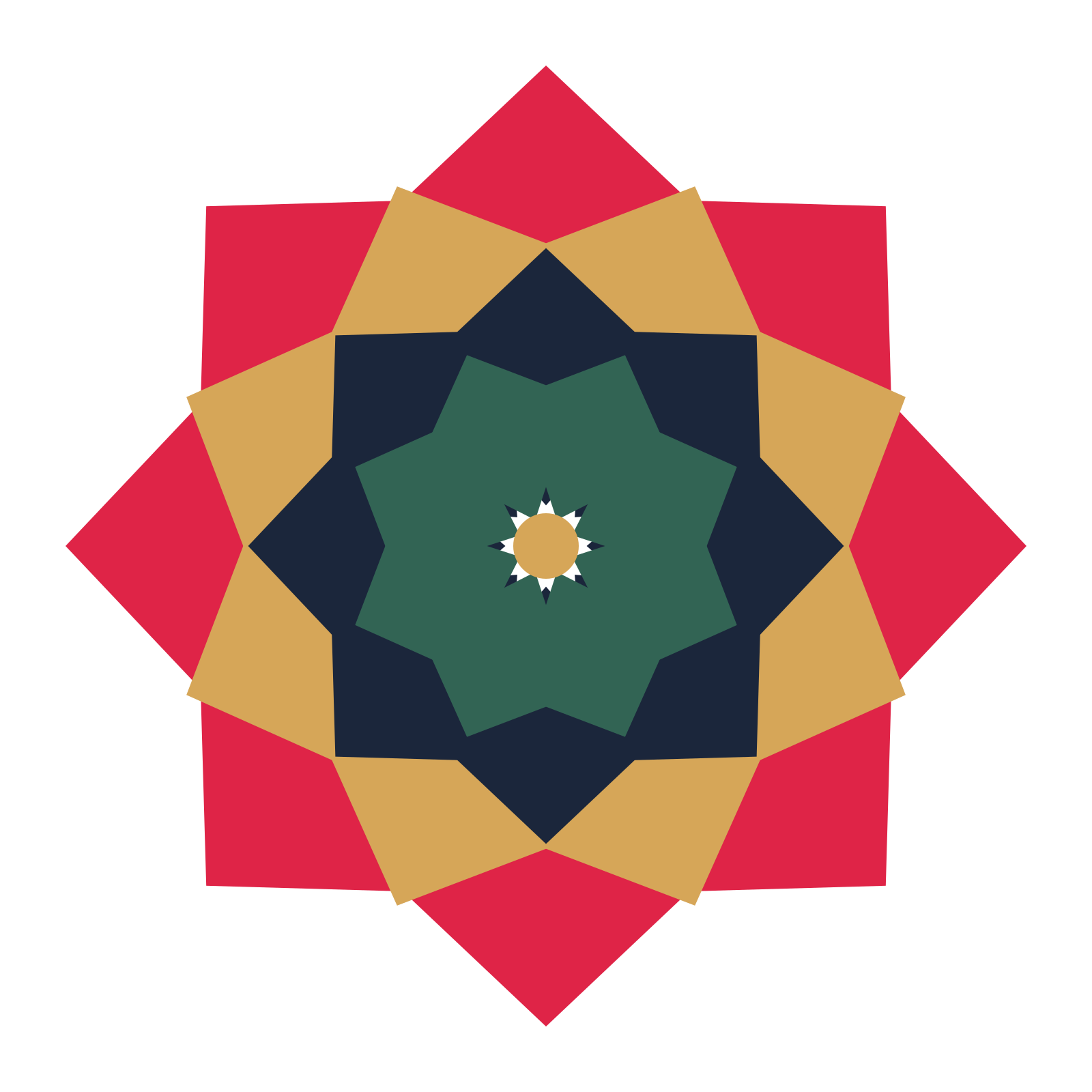 A layered pointed rosette with 8-fold radial symmetry and 4 alternating rings of petals.