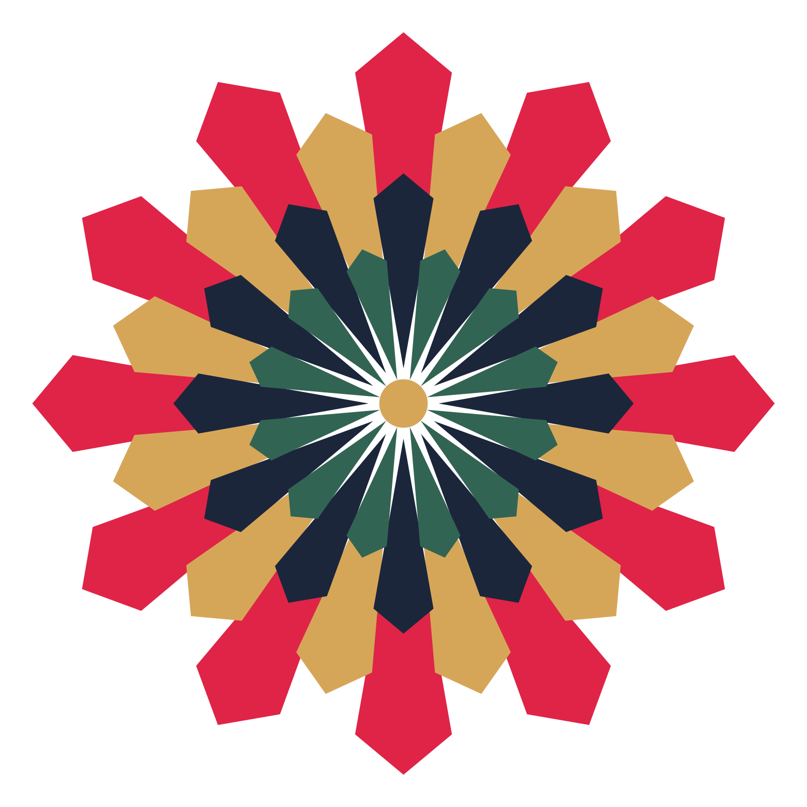 A layered ray rosette with 12-fold radial symmetry and 4 alternating rings of petals.