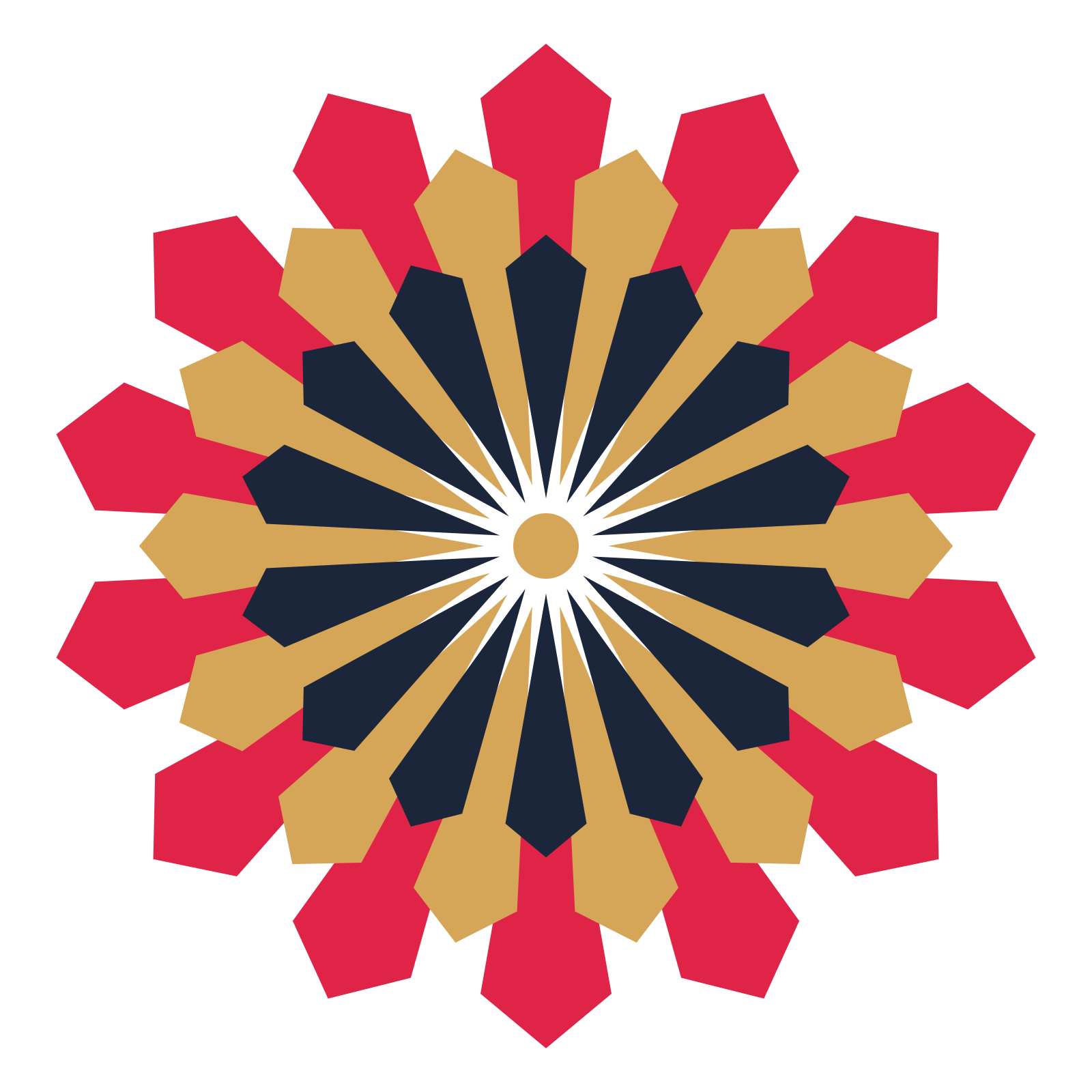 A layered ray rosette with 14-fold radial symmetry and 3 alternating rings of petals.