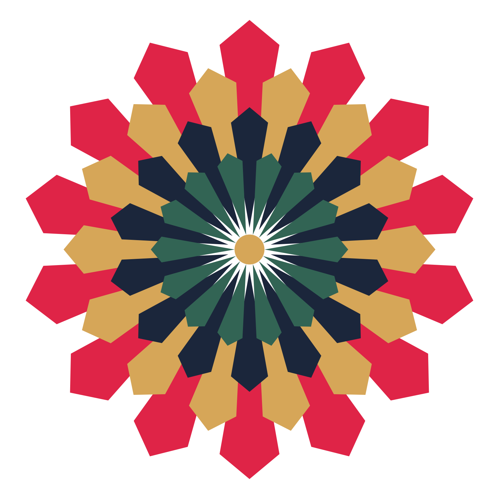 A layered ray rosette with 14-fold radial symmetry and 4 alternating rings of petals.
