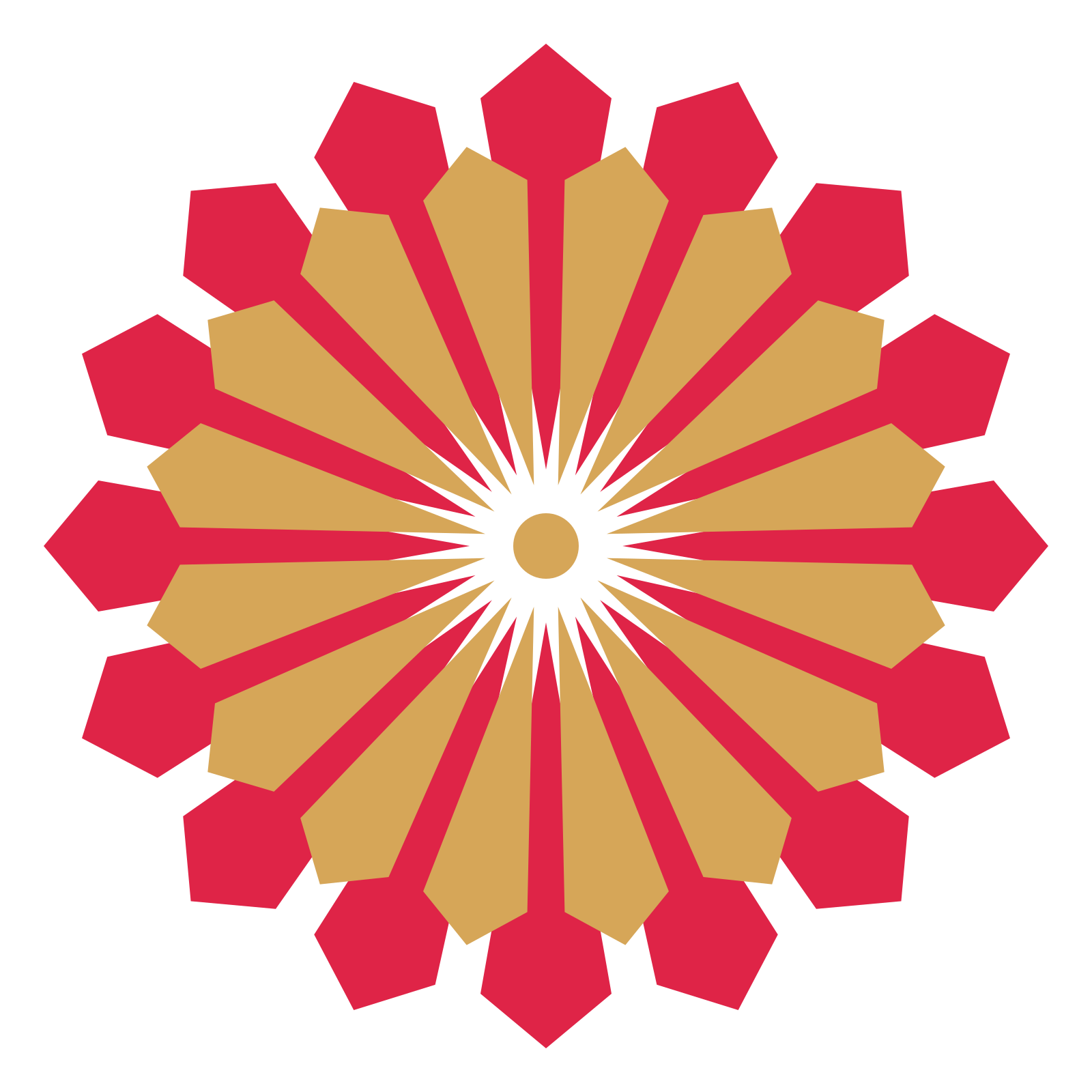 A layered ray rosette with 16-fold radial symmetry and 2 alternating rings of petals.