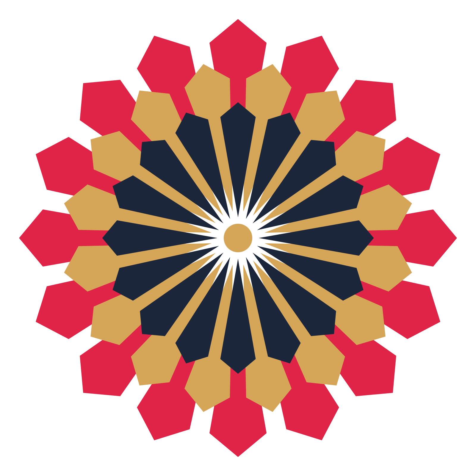A layered ray rosette with 16-fold radial symmetry and 3 alternating rings of petals.