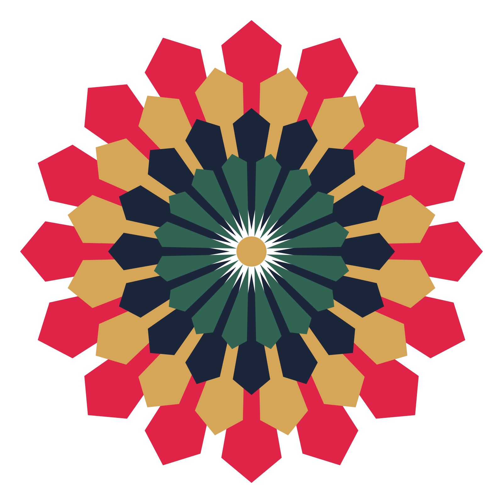 A layered ray rosette with 16-fold radial symmetry and 4 alternating rings of petals.
