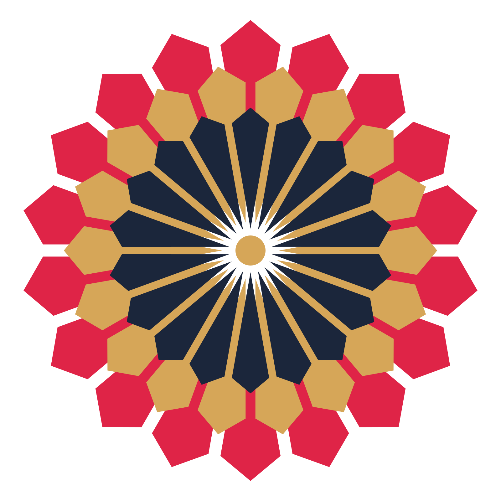 A layered ray rosette with 18-fold radial symmetry and 3 alternating rings of petals.