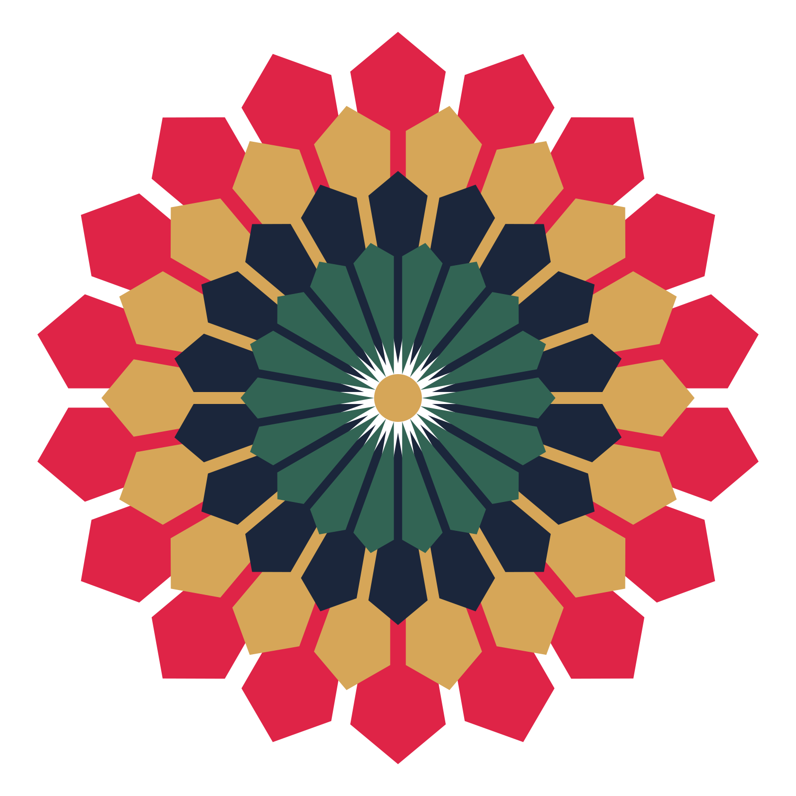 A layered ray rosette with 18-fold radial symmetry and 4 alternating rings of petals.