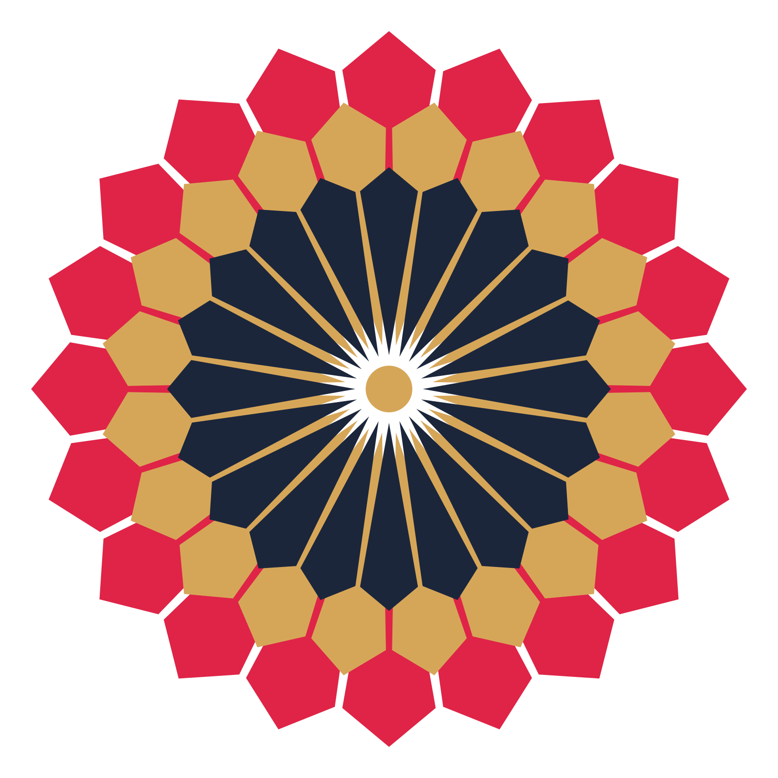 A layered ray rosette with 20-fold radial symmetry and 3 alternating rings of petals.