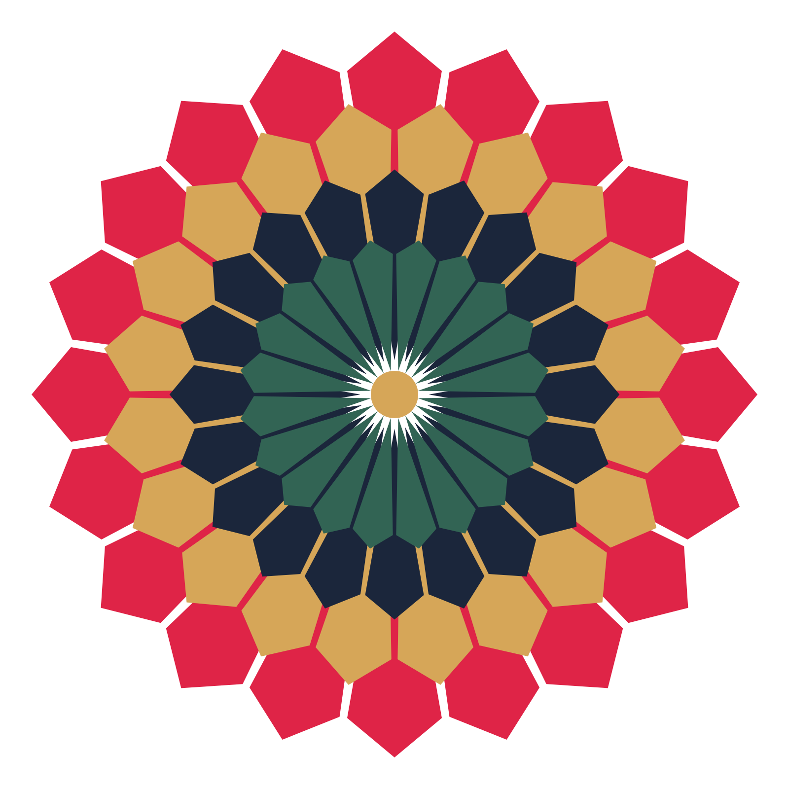 A layered ray rosette with 20-fold radial symmetry and 4 alternating rings of petals.