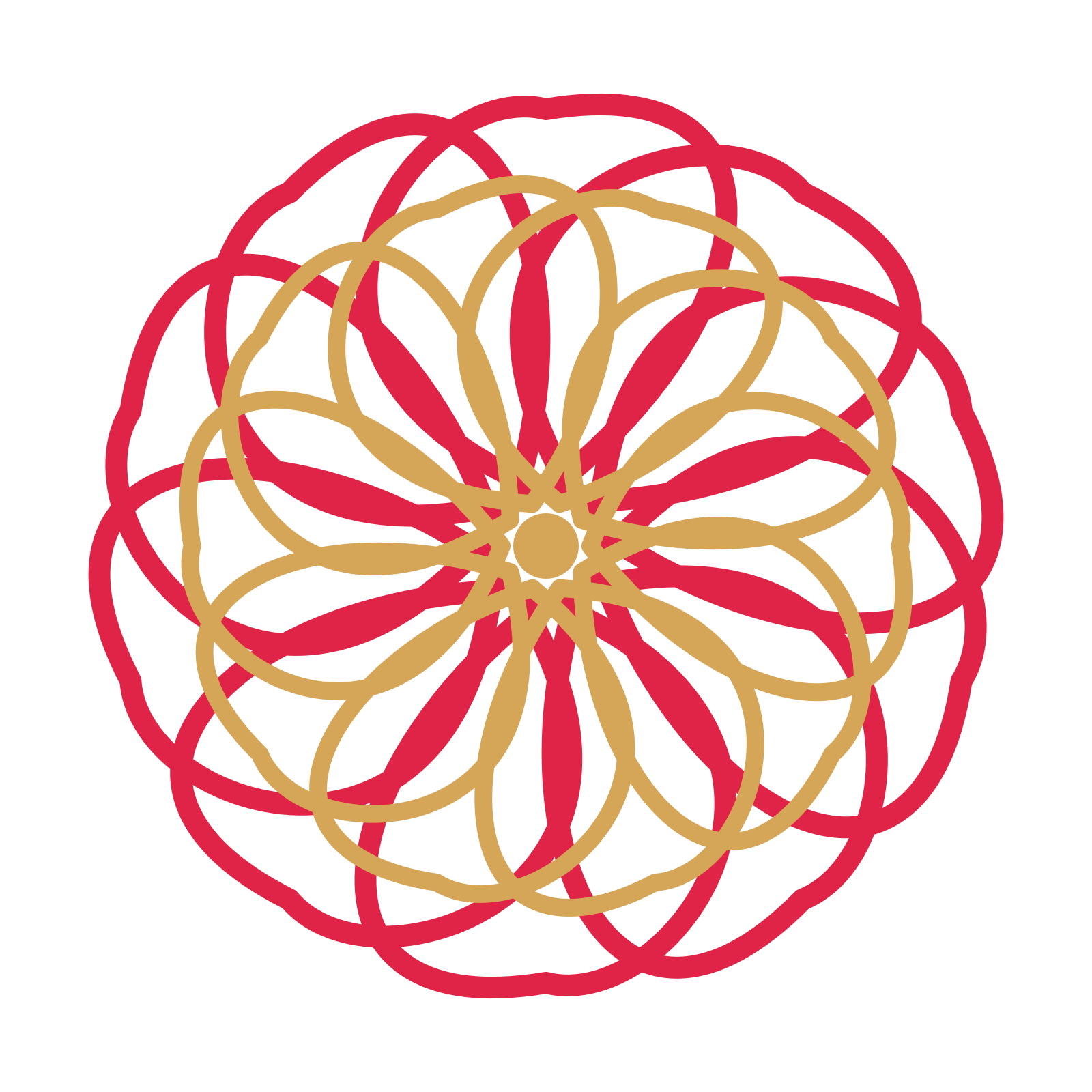 A layered ribbon rosette with 10-fold radial symmetry and 2 alternating rings of petals.