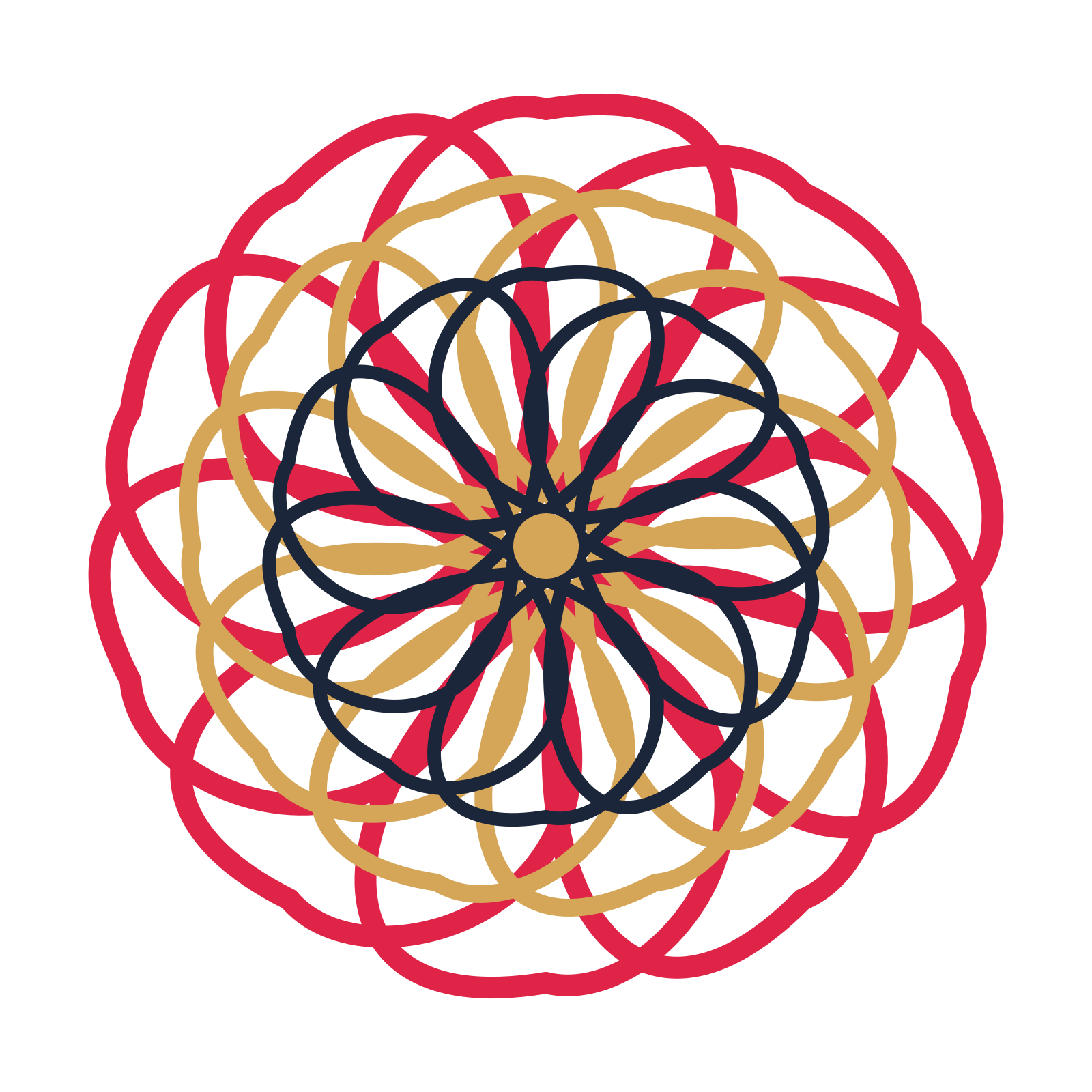 A layered ribbon rosette with 10-fold radial symmetry and 3 alternating rings of petals.