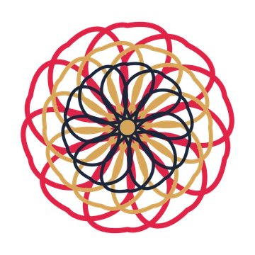 A layered ribbon rosette with 10-fold radial symmetry and 3 alternating rings of petals.