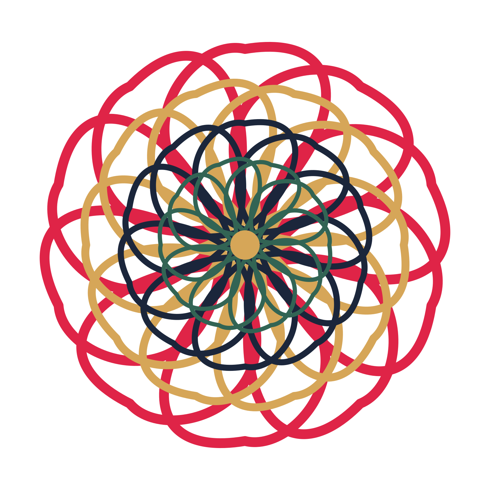 A layered ribbon rosette with 10-fold radial symmetry and 4 alternating rings of petals.