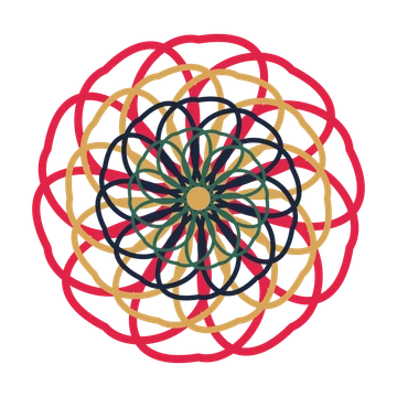 A layered ribbon rosette with 10-fold radial symmetry and 4 alternating rings of petals.