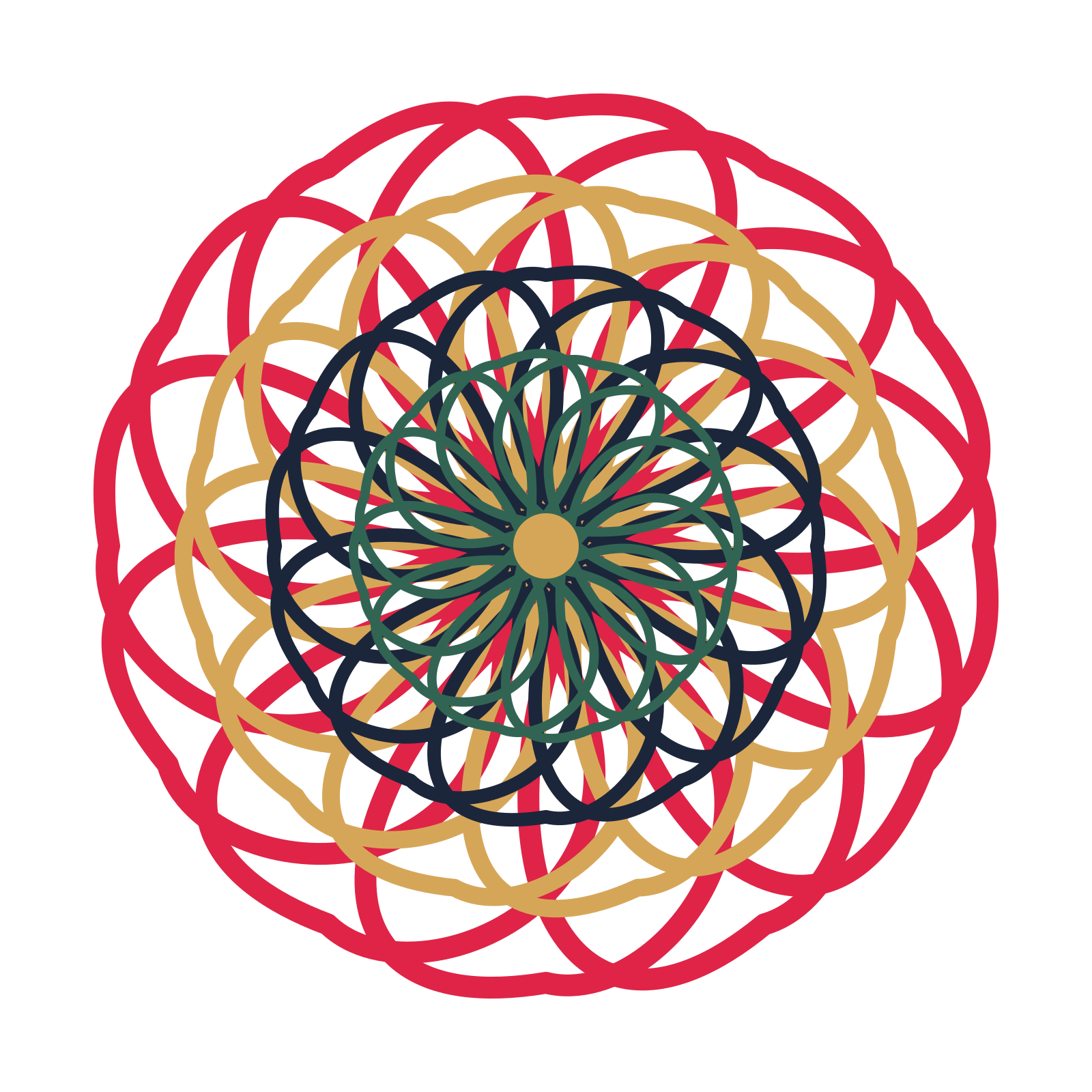 A layered ribbon rosette with 12-fold radial symmetry and 4 alternating rings of petals.