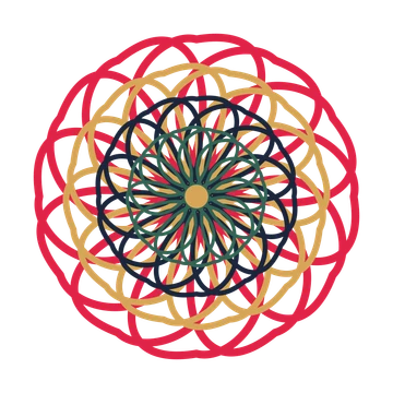 A layered ribbon rosette with 12-fold radial symmetry and 4 alternating rings of petals.