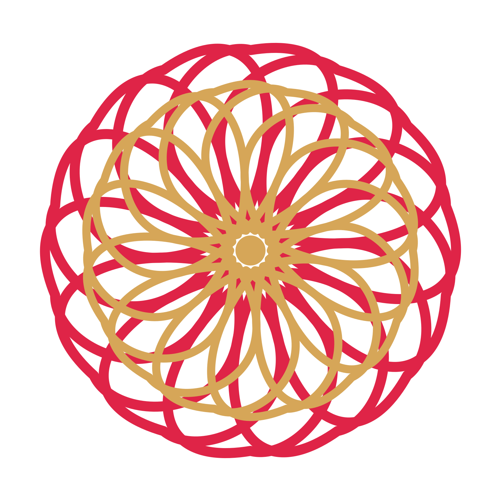A layered ribbon rosette with 14-fold radial symmetry and 2 alternating rings of petals.