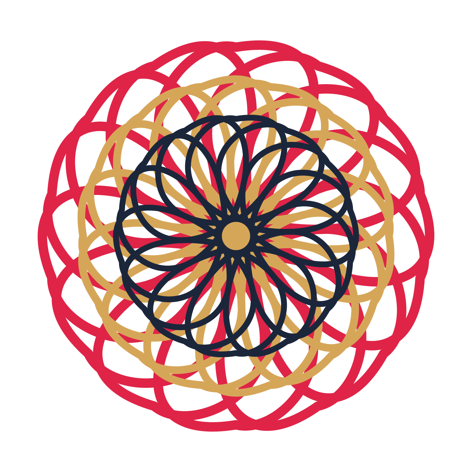 A layered ribbon rosette with 14-fold radial symmetry and 3 alternating rings of petals.