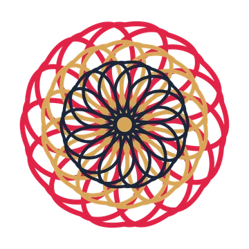 A layered ribbon rosette with 14-fold radial symmetry and 3 alternating rings of petals.
