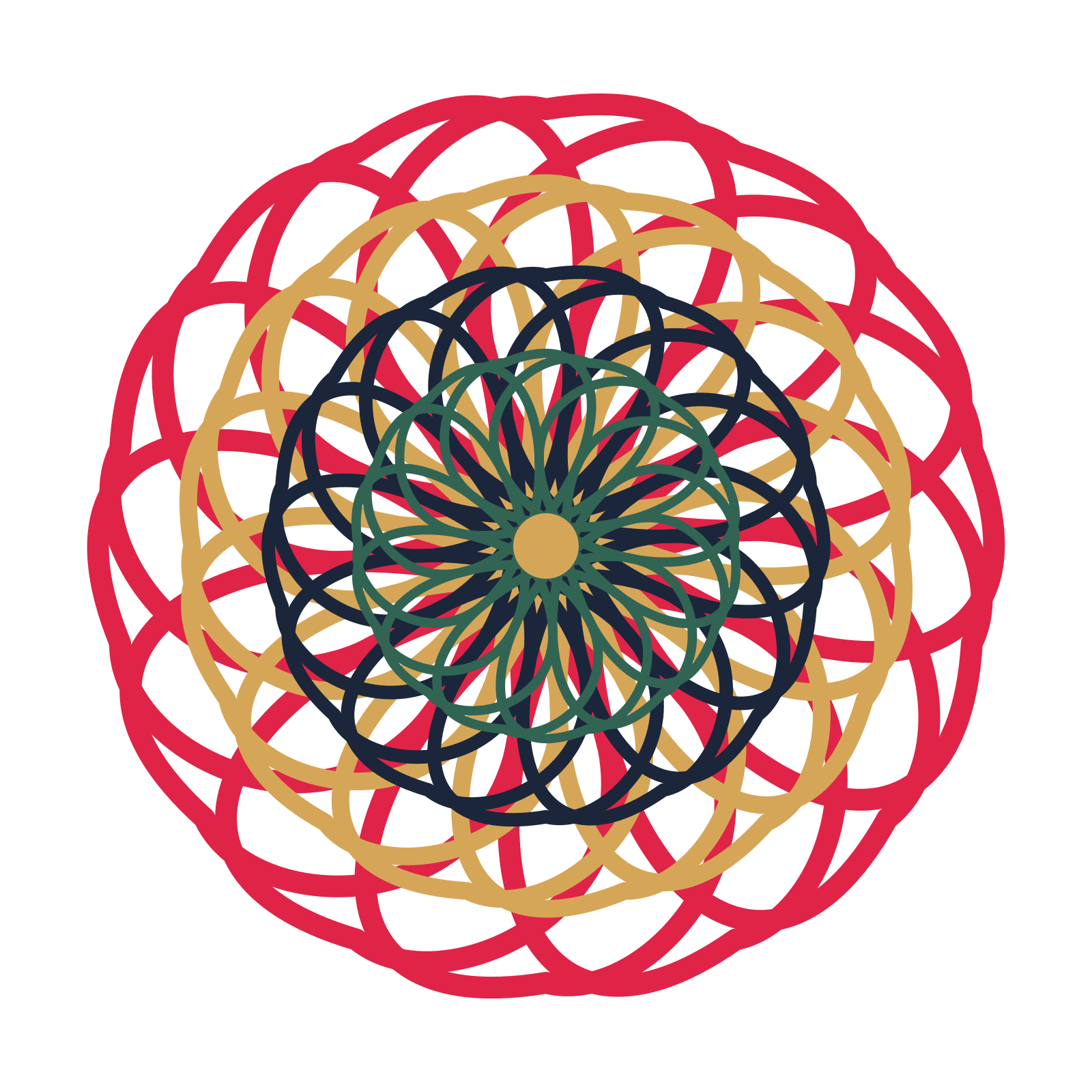 A layered ribbon rosette with 14-fold radial symmetry and 4 alternating rings of petals.