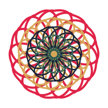 A layered ribbon rosette with 14-fold radial symmetry and 4 alternating rings of petals.