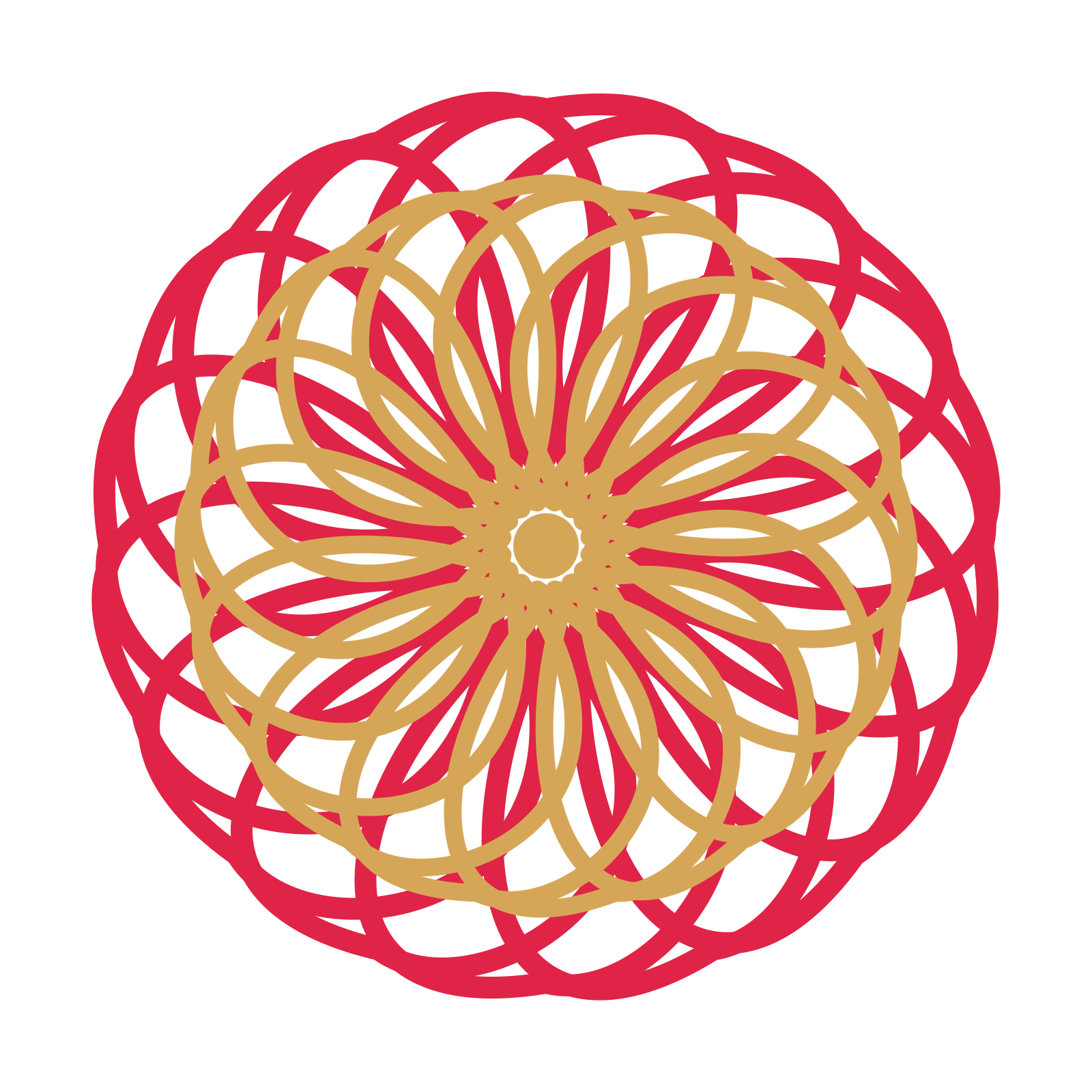 A layered ribbon rosette with 16-fold radial symmetry and 2 alternating rings of petals.