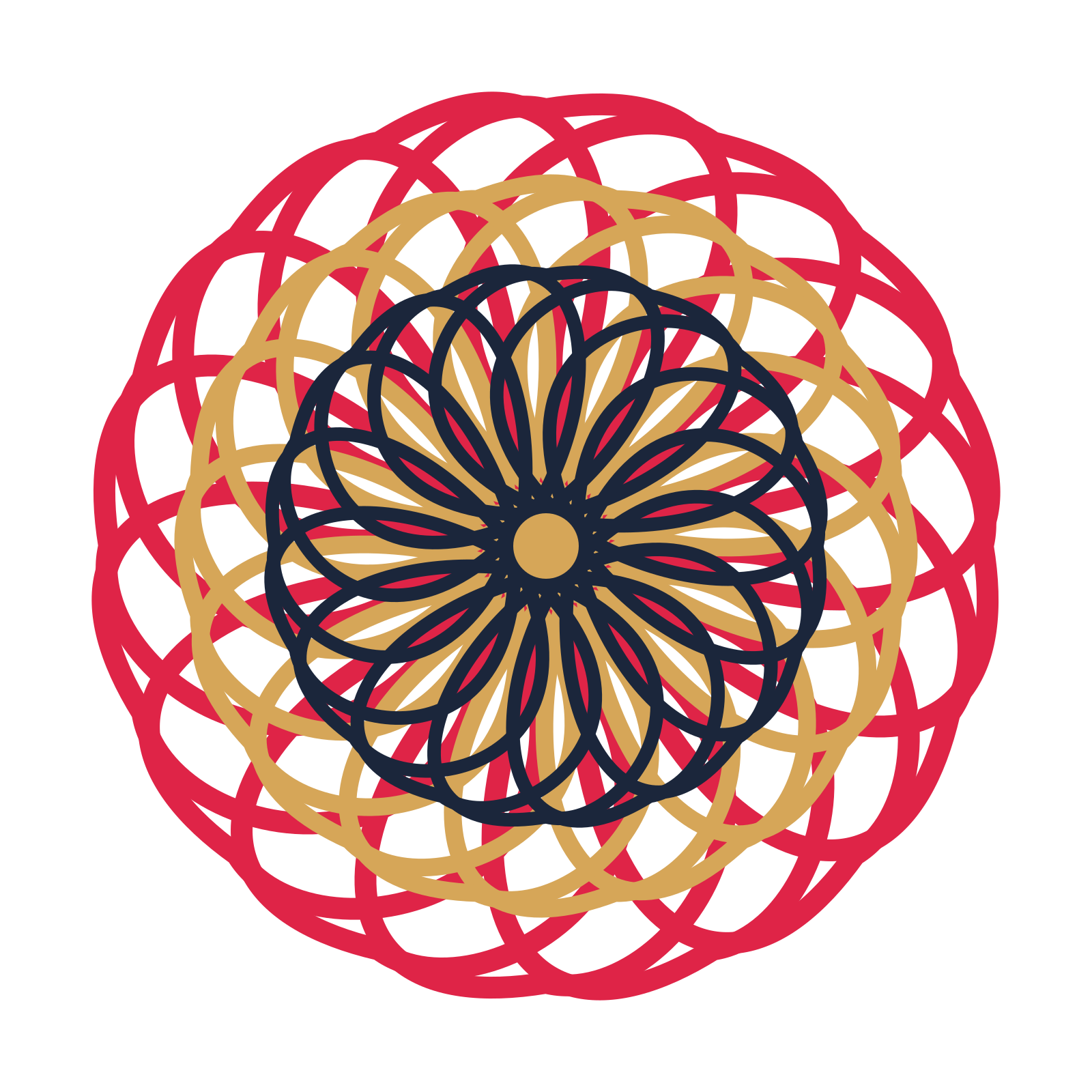 A layered ribbon rosette with 16-fold radial symmetry and 3 alternating rings of petals.