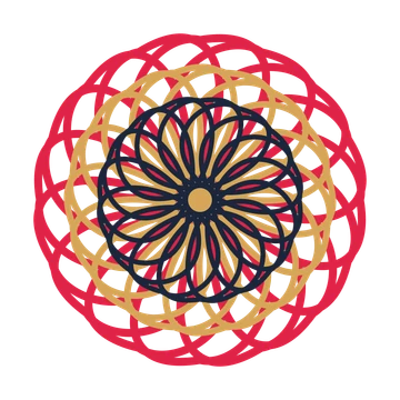 A layered ribbon rosette with 16-fold radial symmetry and 3 alternating rings of petals.