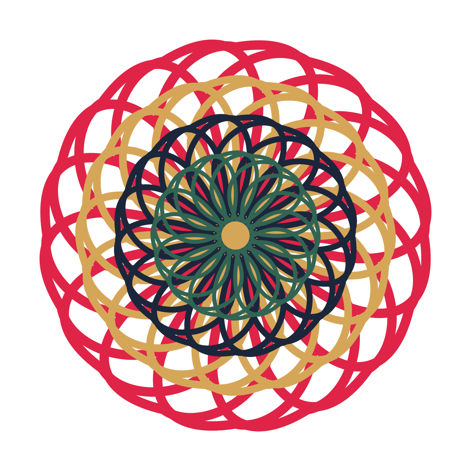 A layered ribbon rosette with 16-fold radial symmetry and 4 alternating rings of petals.