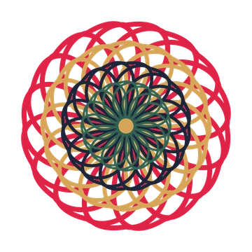 A layered ribbon rosette with 16-fold radial symmetry and 4 alternating rings of petals.