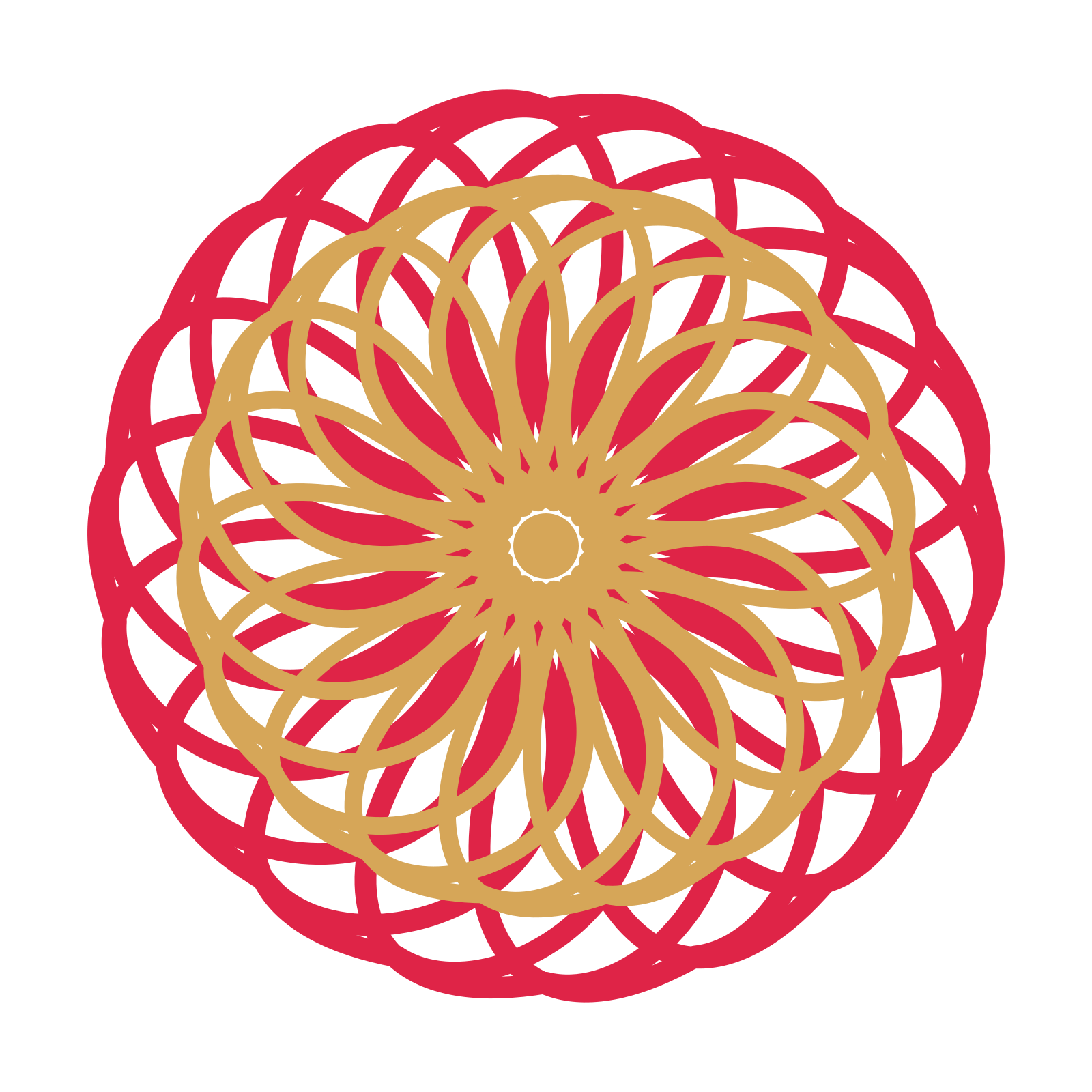 A layered ribbon rosette with 18-fold radial symmetry and 2 alternating rings of petals.