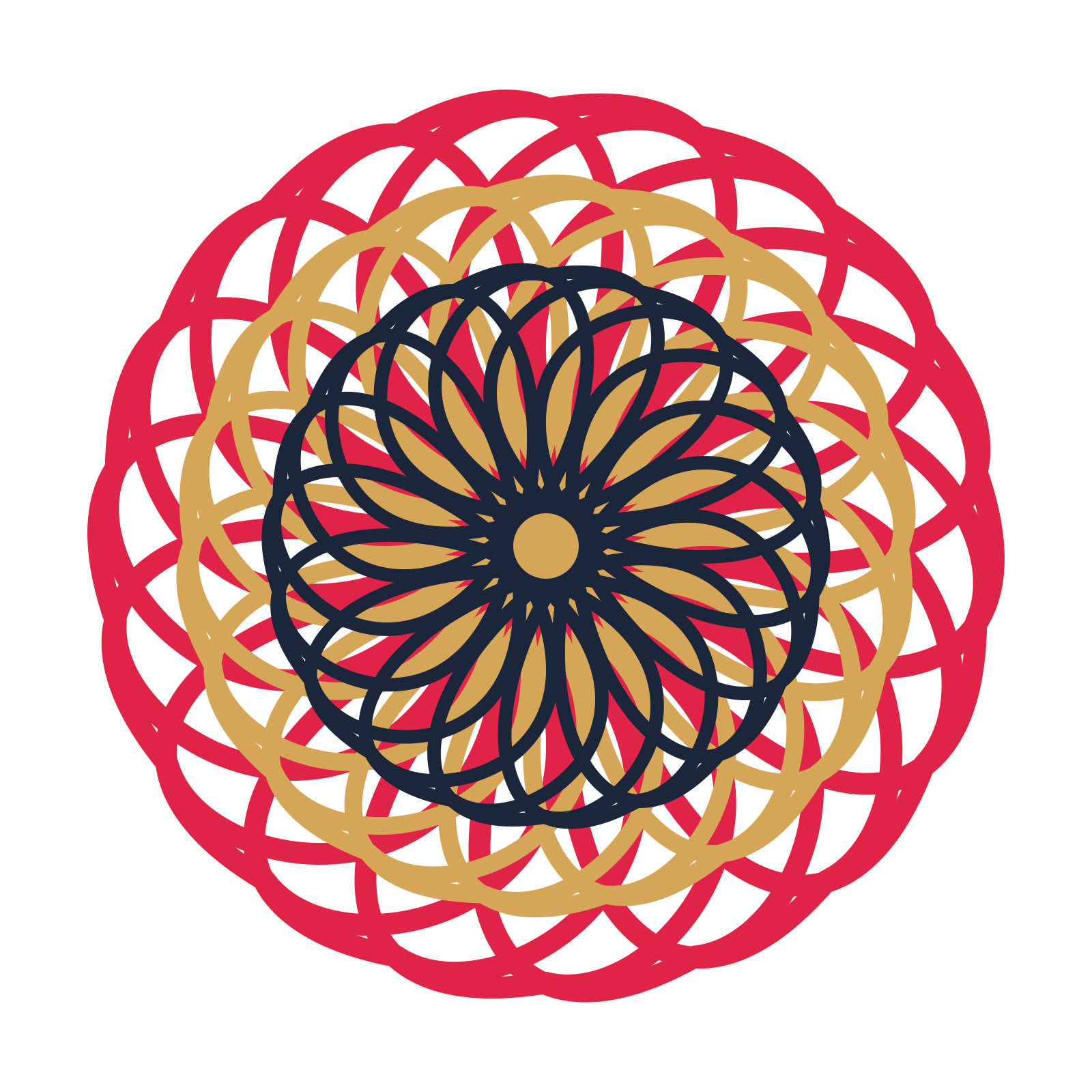 A layered ribbon rosette with 18-fold radial symmetry and 3 alternating rings of petals.