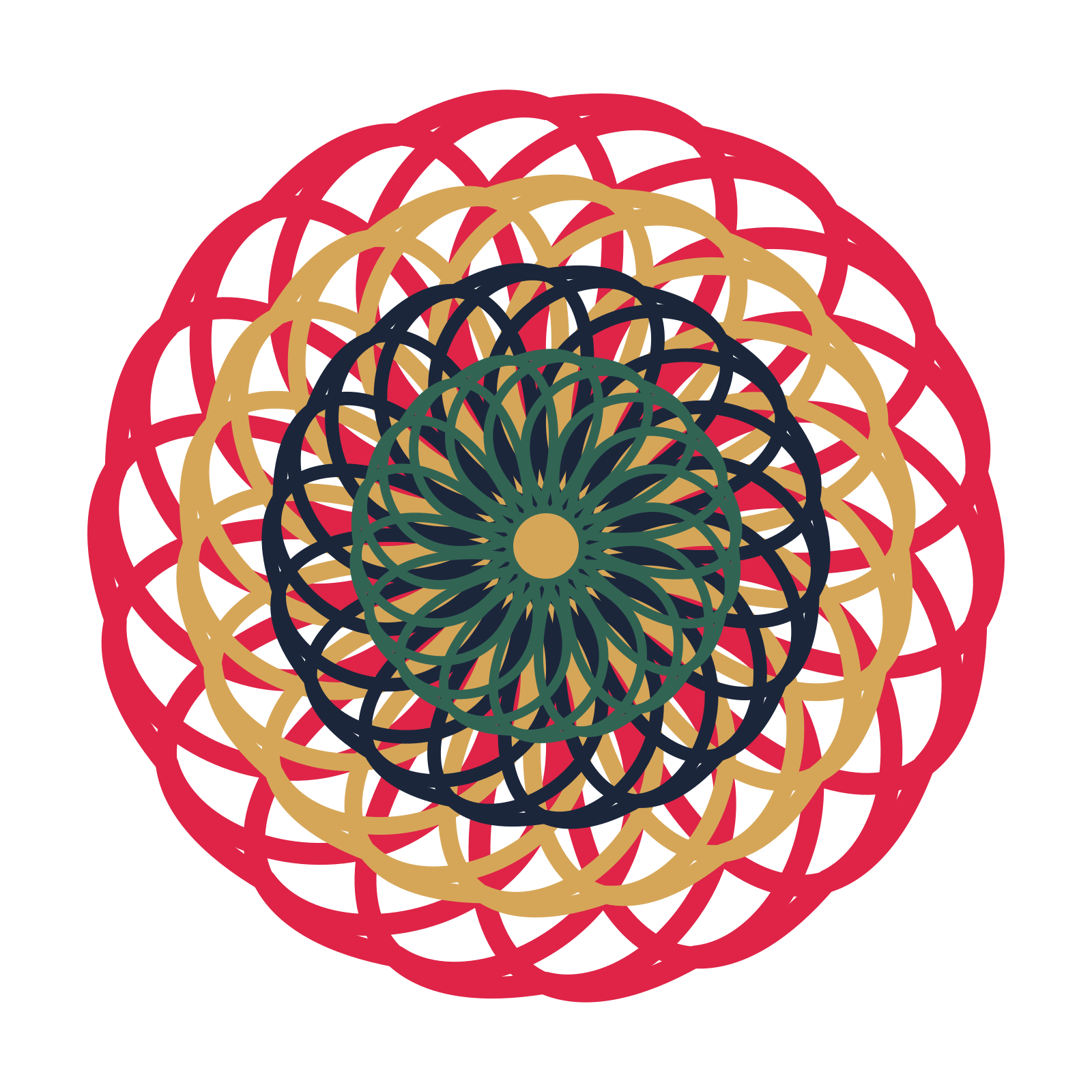 A layered ribbon rosette with 18-fold radial symmetry and 4 alternating rings of petals.