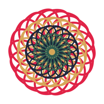A layered ribbon rosette with 18-fold radial symmetry and 4 alternating rings of petals.