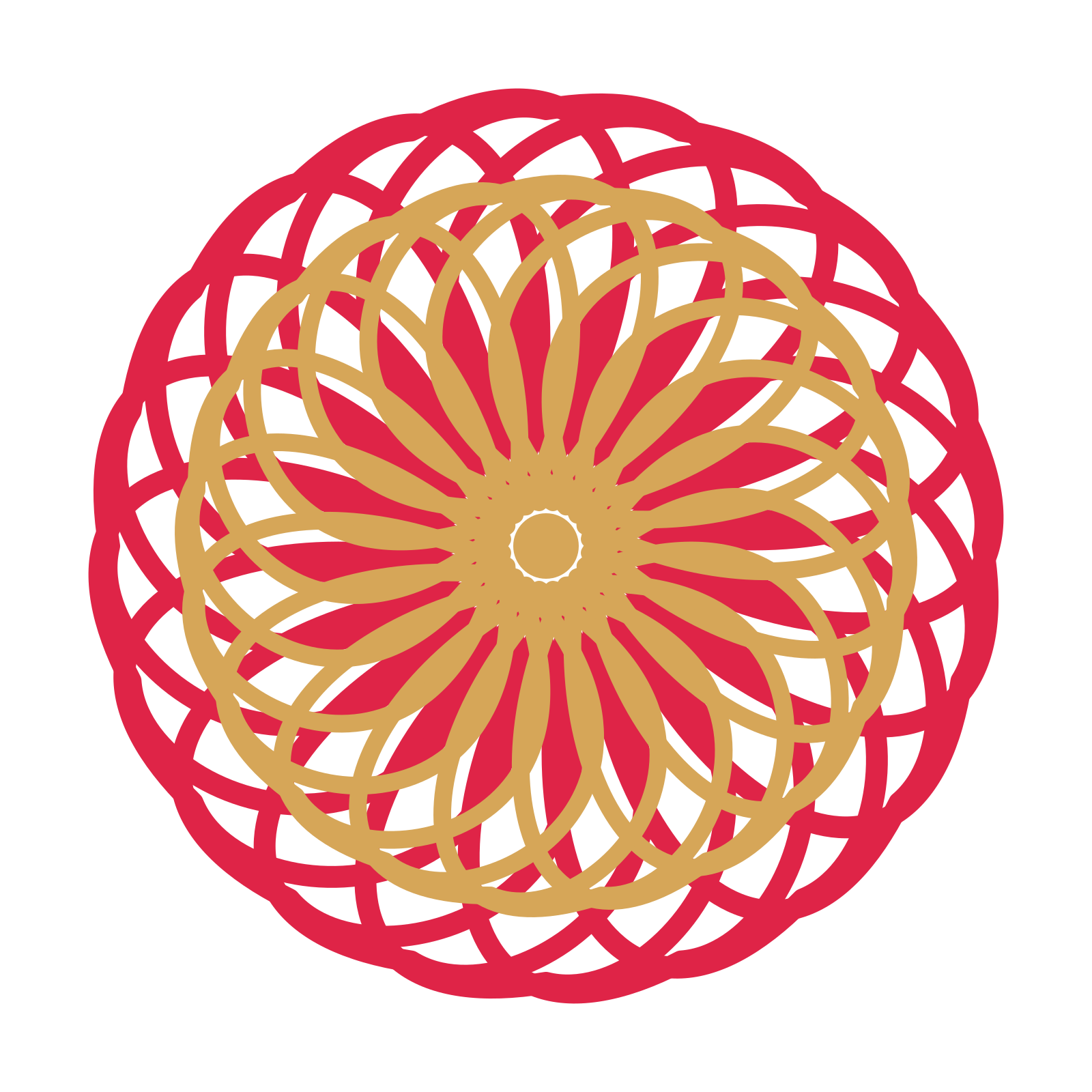 A layered ribbon rosette with 20-fold radial symmetry and 2 alternating rings of petals.