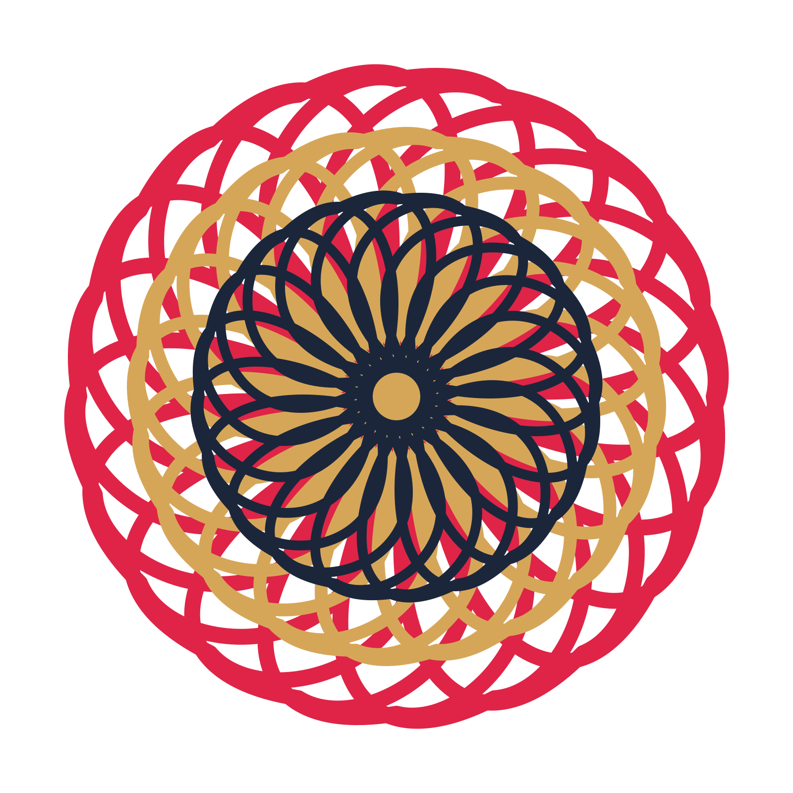A layered ribbon rosette with 20-fold radial symmetry and 3 alternating rings of petals.