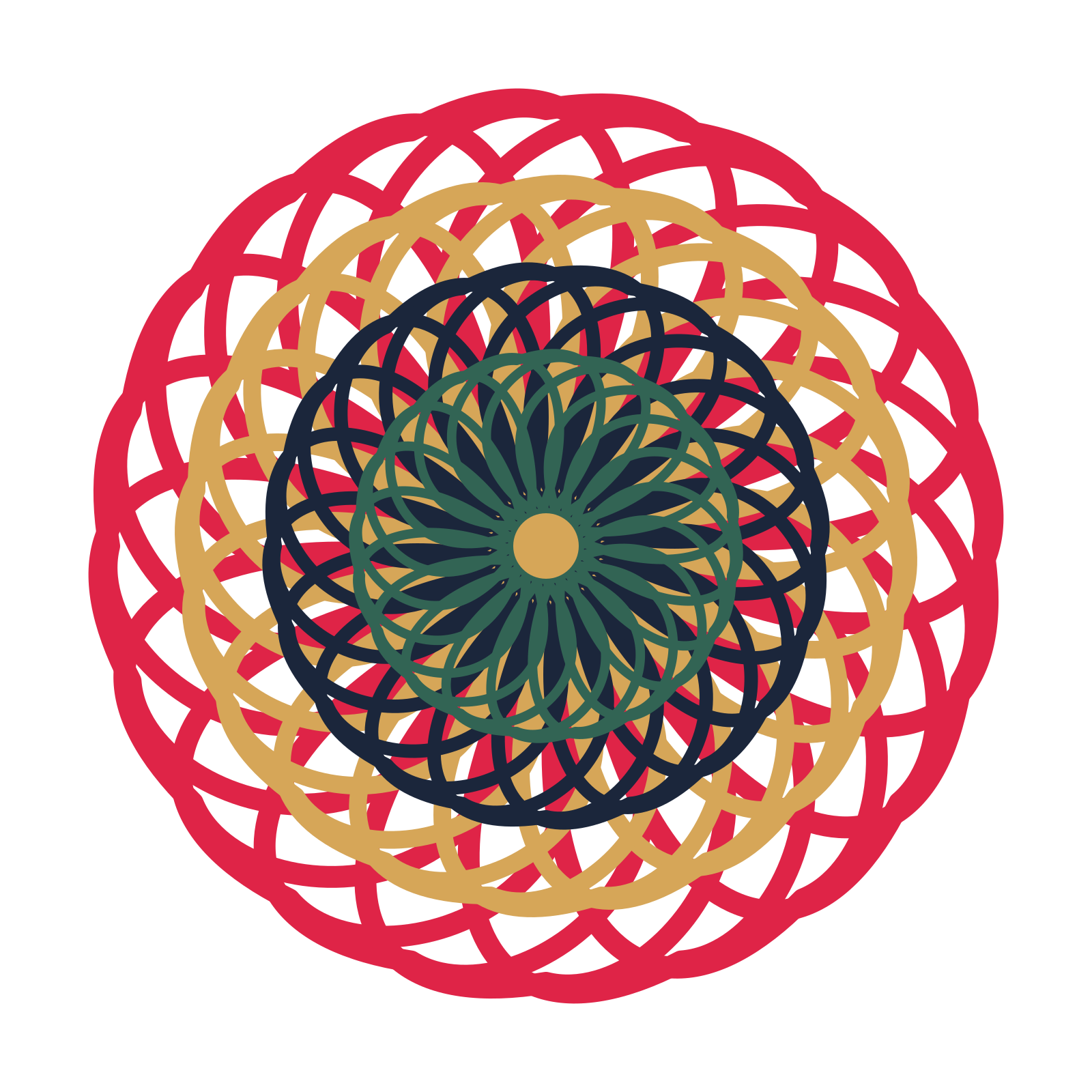 A layered ribbon rosette with 20-fold radial symmetry and 4 alternating rings of petals.