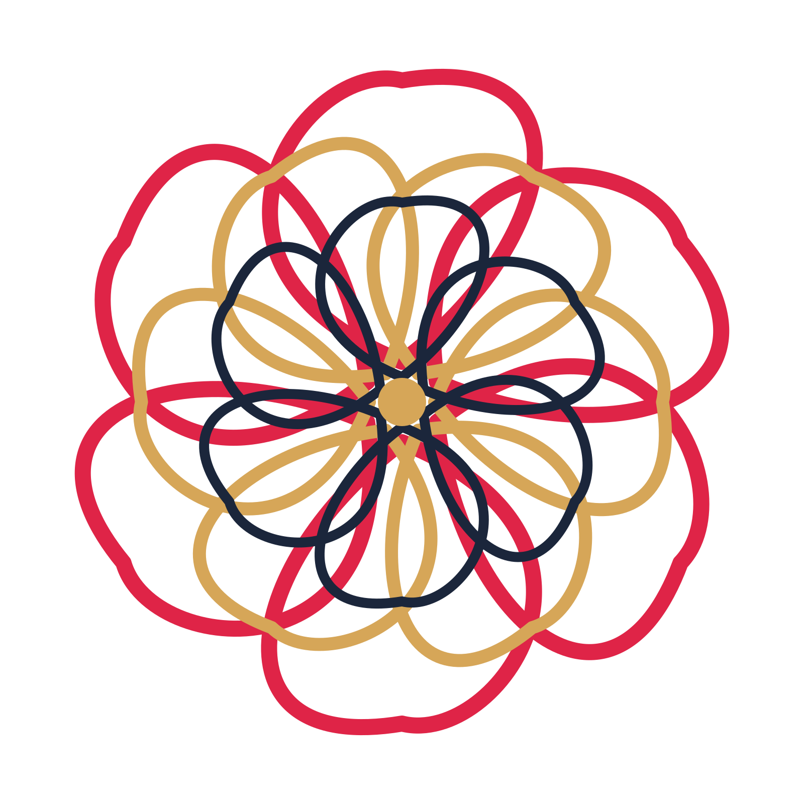 A layered ribbon rosette with 6-fold radial symmetry and 3 alternating rings of petals.