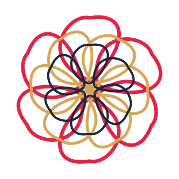 A layered ribbon rosette with 6-fold radial symmetry and 3 alternating rings of petals.