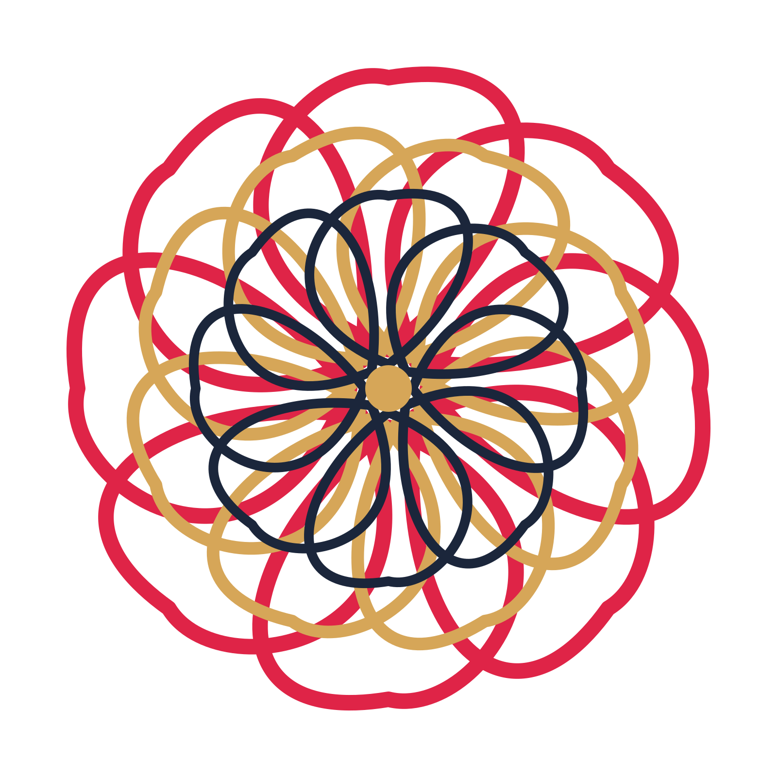 A layered ribbon rosette with 8-fold radial symmetry and 3 alternating rings of petals.