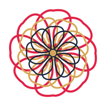 A layered ribbon rosette with 8-fold radial symmetry and 3 alternating rings of petals.