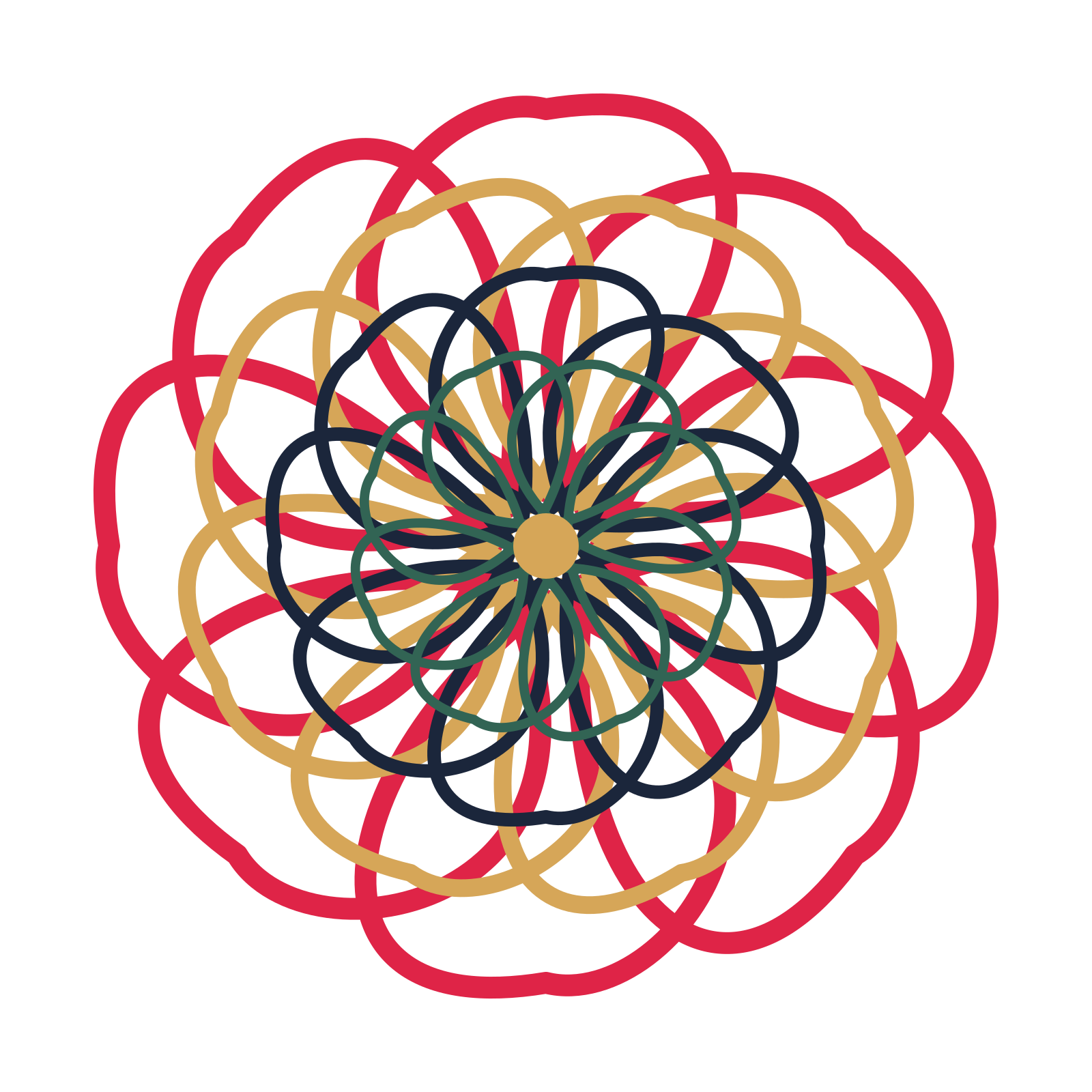A layered ribbon rosette with 8-fold radial symmetry and 4 alternating rings of petals.