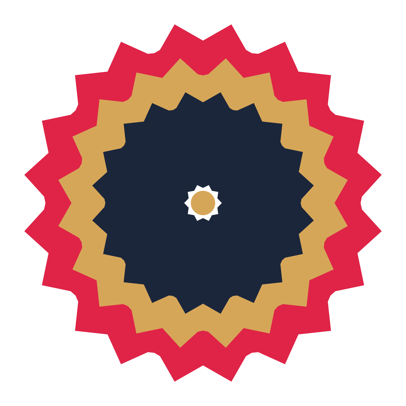 A layered ruffled rosette with 10-fold radial symmetry and 3 alternating rings of petals.