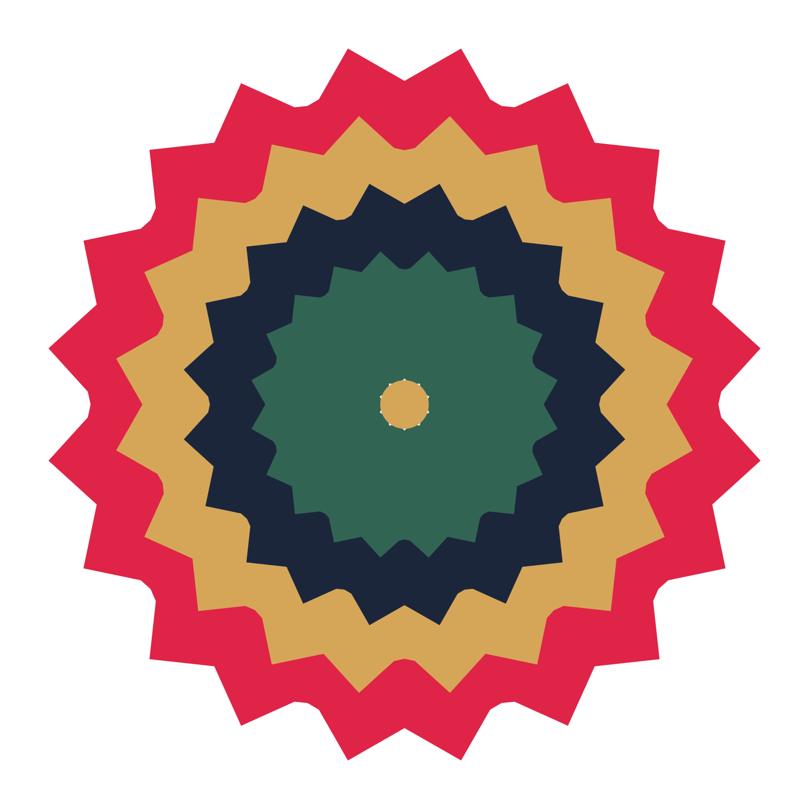 A layered ruffled rosette with 10-fold radial symmetry and 4 alternating rings of petals.