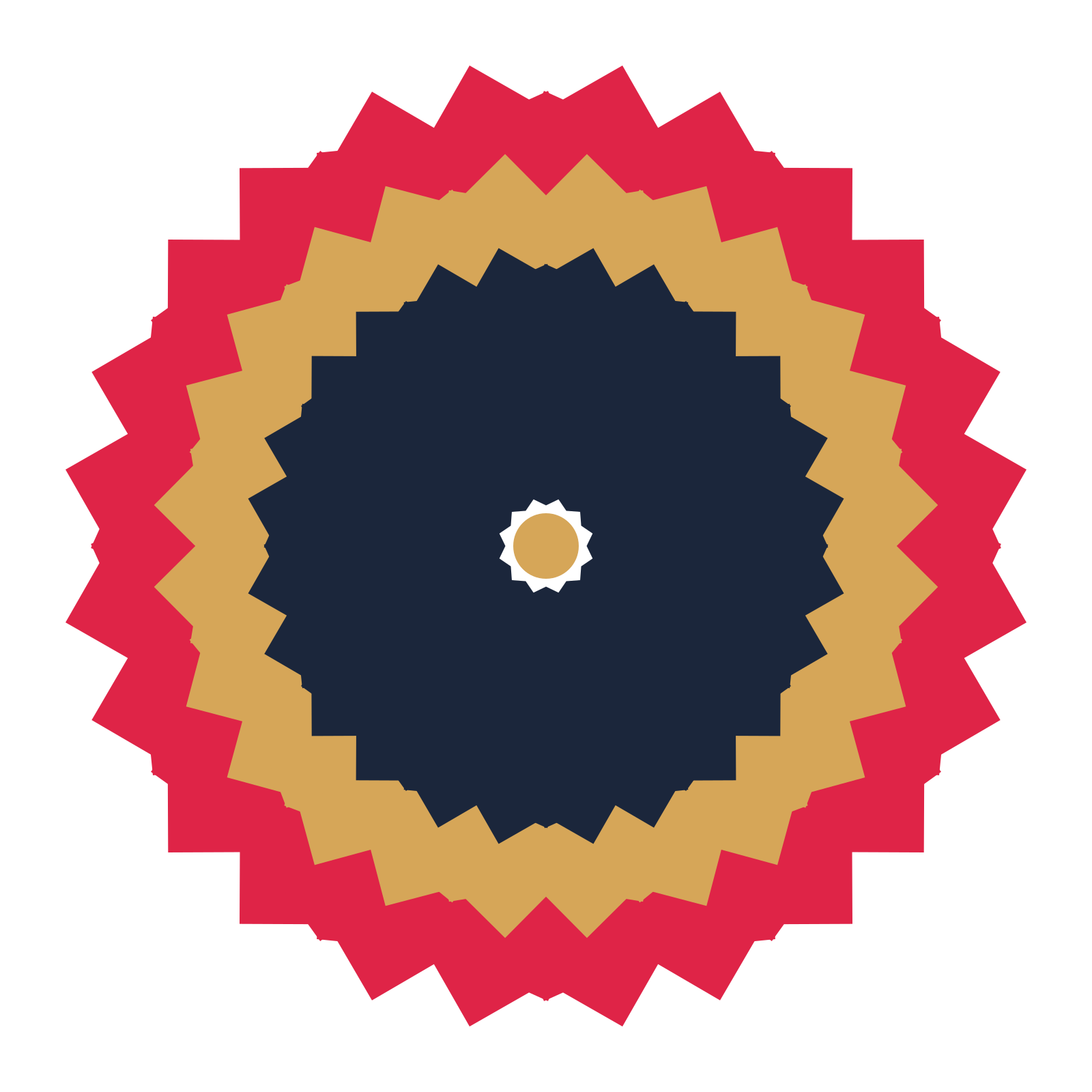 A layered ruffled rosette with 12-fold radial symmetry and 3 alternating rings of petals.