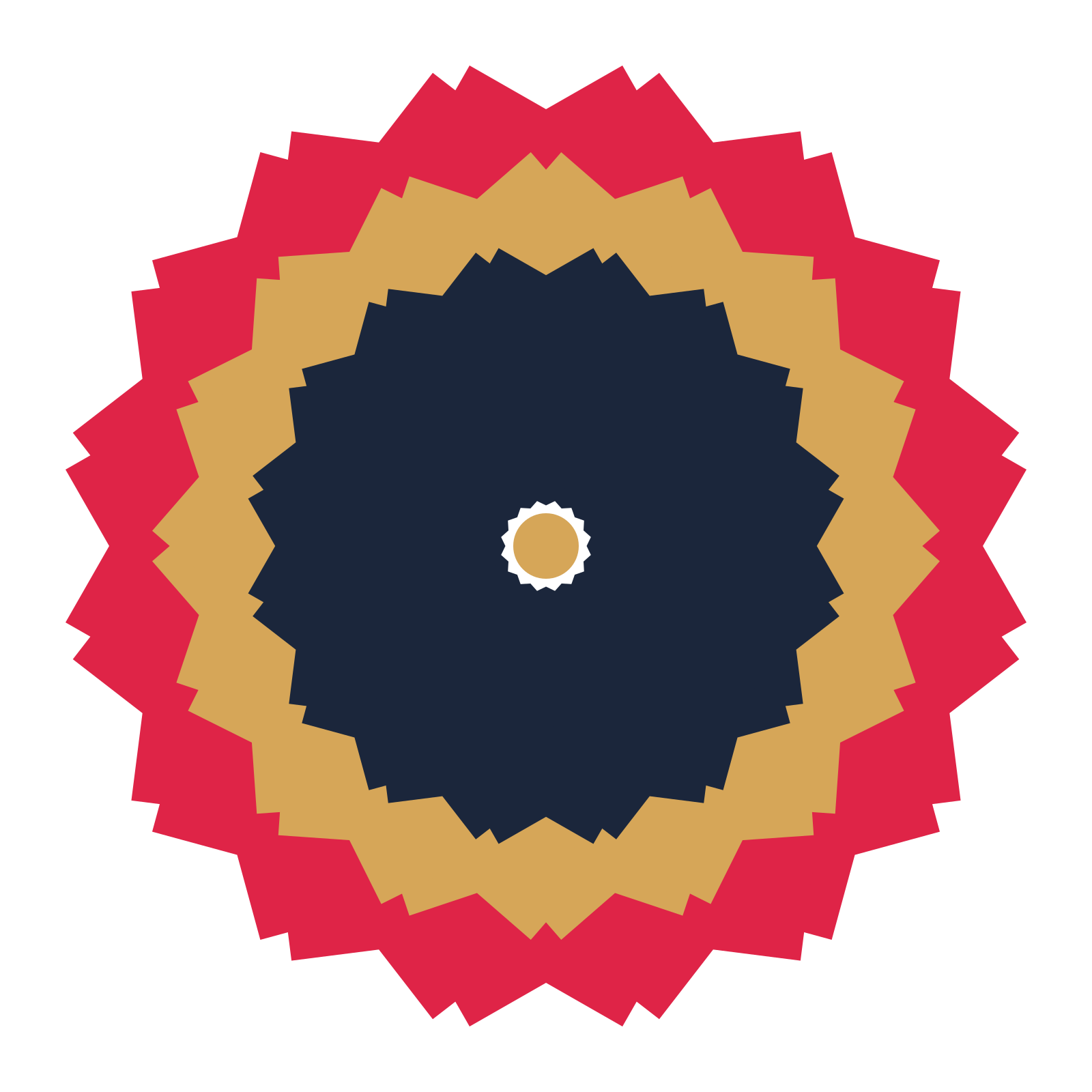 A layered ruffled rosette with 16-fold radial symmetry and 3 alternating rings of petals.