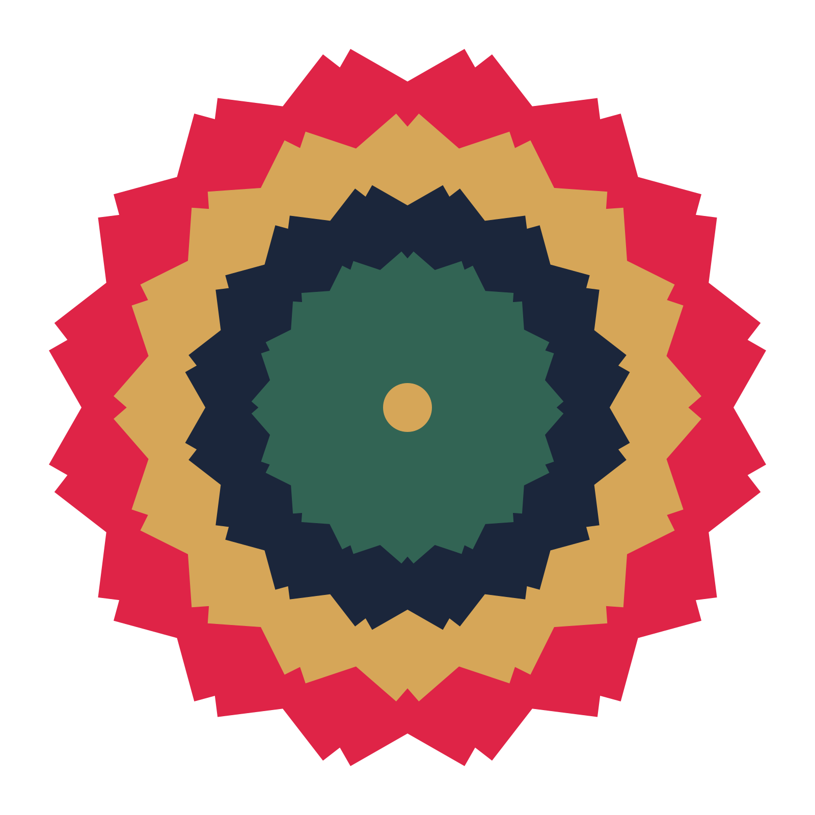 A layered ruffled rosette with 16-fold radial symmetry and 4 alternating rings of petals.