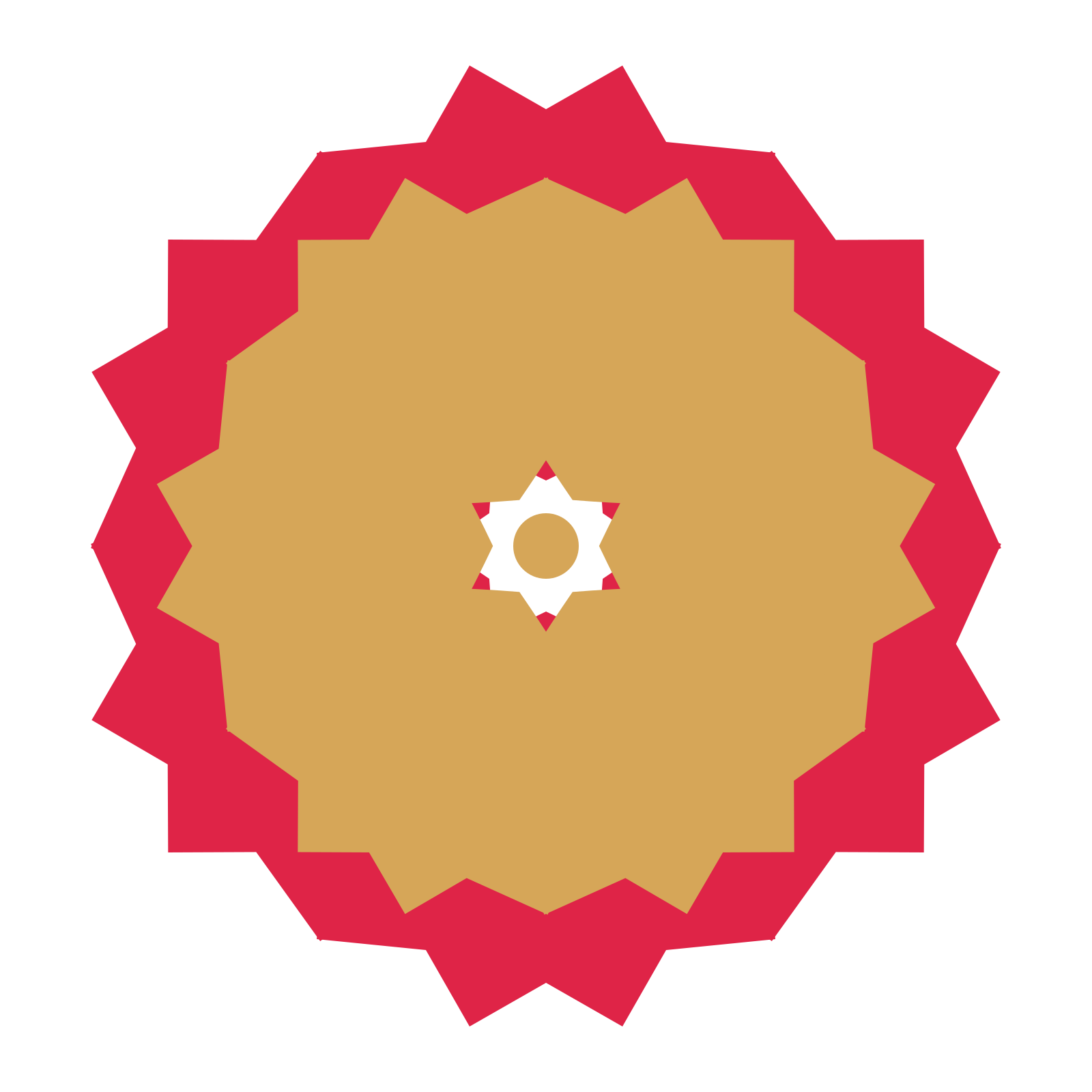 A layered ruffled rosette with 6-fold radial symmetry and 2 alternating rings of petals.