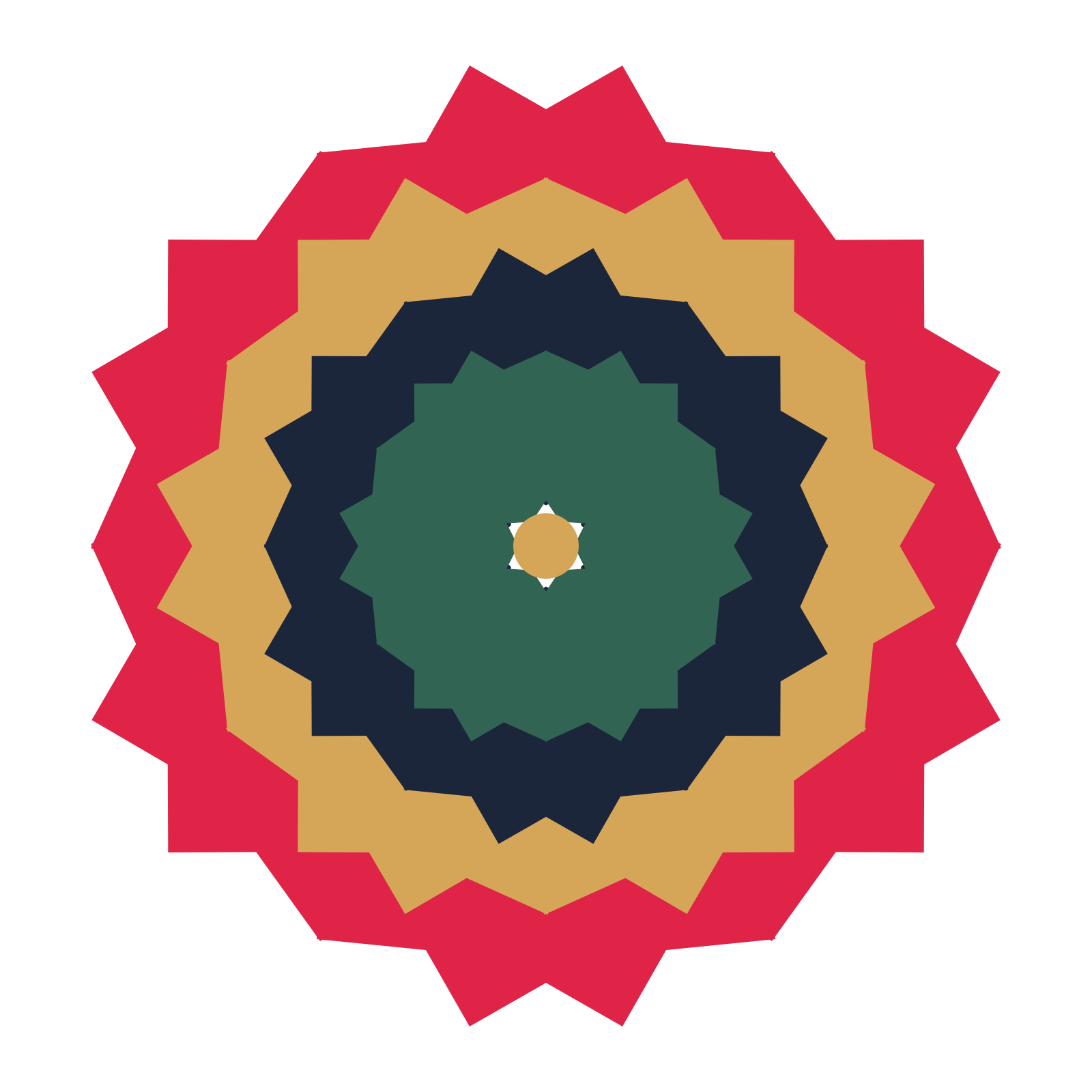 A layered ruffled rosette with 6-fold radial symmetry and 4 alternating rings of petals.