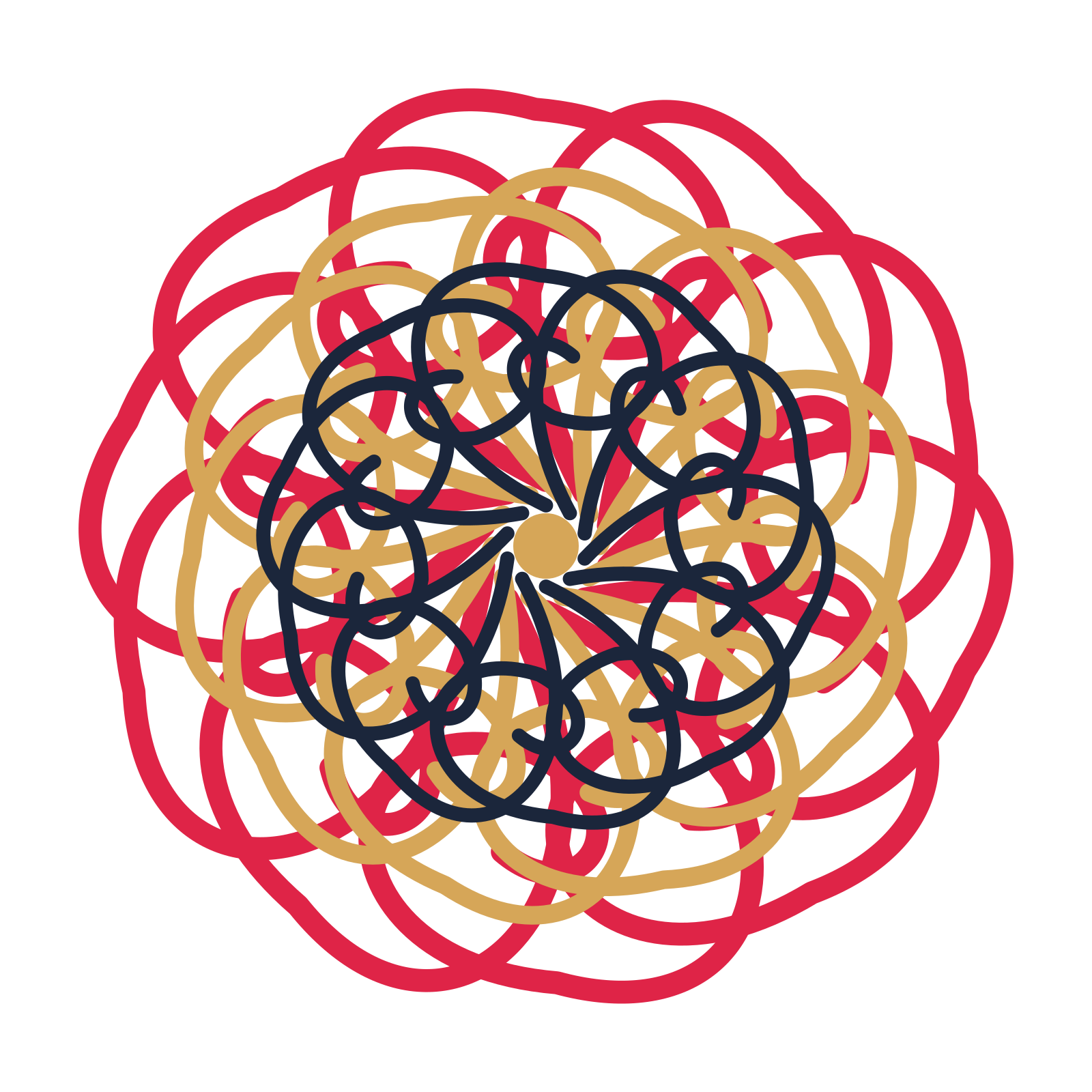 A layered spiral rosette with 10-fold radial symmetry and 3 alternating rings of petals.